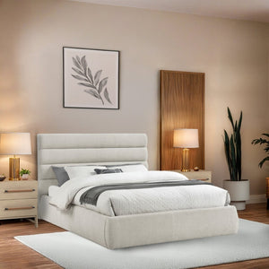 Meridian Furniture Adam Channel Tufted Queen Bed Cream Linen Upholstery Adjustable Headboard Modern B1255Cream-Q