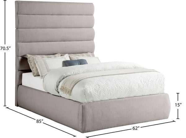 Meridian Furniture Adam Full Bed Taupe Linen Upholstery Channel Tufted Headboard Expandable Platform B1255Taupe-F70
