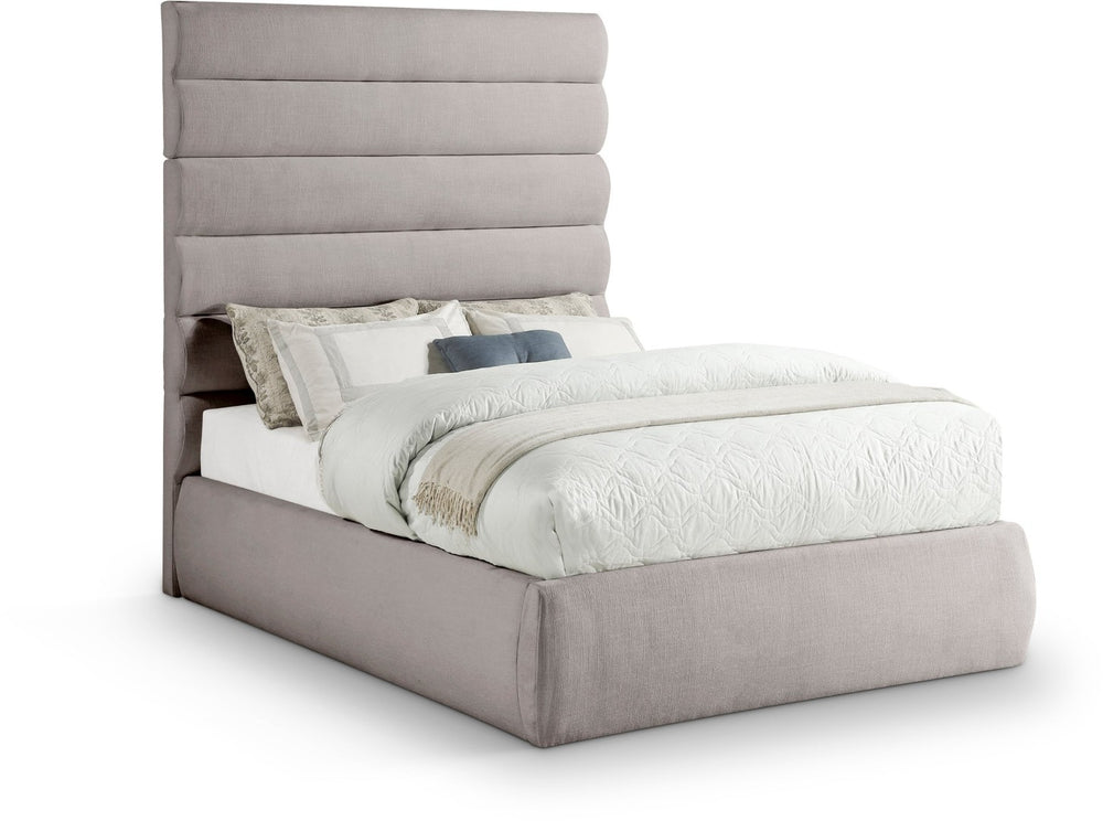 Meridian Furniture Adam Full Bed Taupe Linen Upholstery Channel Tufted Headboard Expandable Platform B1255Taupe-F70