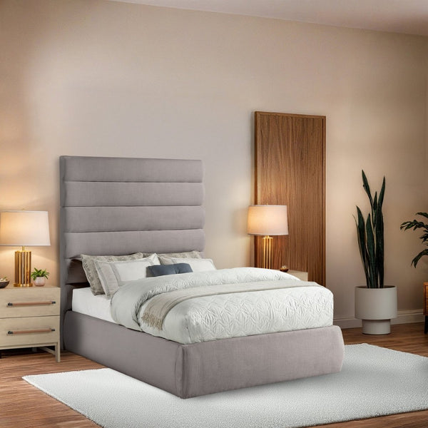 Meridian Furniture Adam Full Bed Taupe Linen Upholstery Channel Tufted Headboard Expandable Platform B1255Taupe-F70