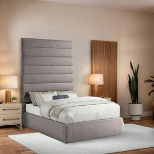 Meridian Furniture Adam Channel Tufted Upholstered Full Bed with Modular Headboard in Taupe Linen B1255Taupe-F90