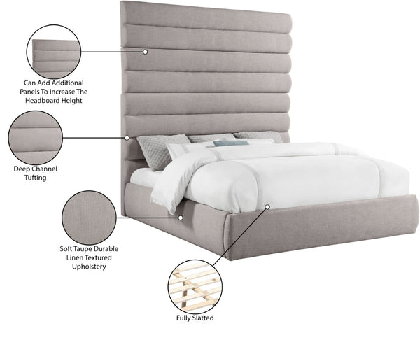 Meridian Furniture Adam Channel Tufted King Bed Taupe Linen Upholstery Tall Architectural Headboard B1255Taupe-K90