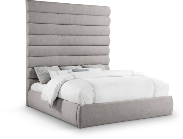 Meridian Furniture Adam Channel Tufted King Bed Taupe Linen Upholstery Tall Architectural Headboard B1255Taupe-K90