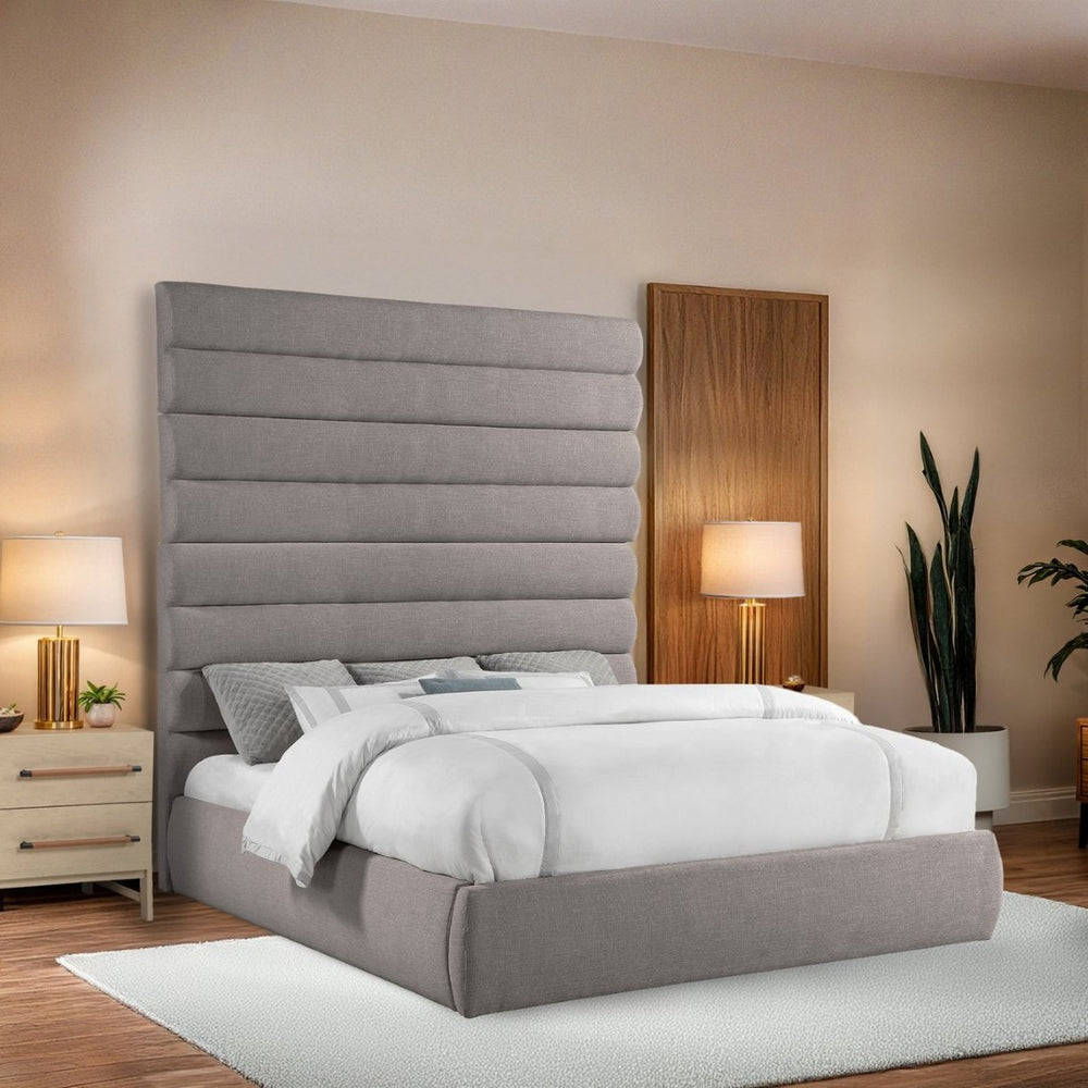 Meridian Furniture Adam Channel Tufted King Bed Taupe Linen Upholstery Tall Architectural Headboard B1255Taupe-K90
