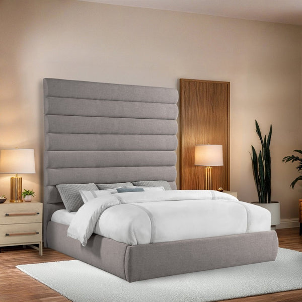 Meridian Furniture Adam Channel Tufted King Bed Taupe Linen Upholstery Tall Architectural Headboard B1255Taupe-K90