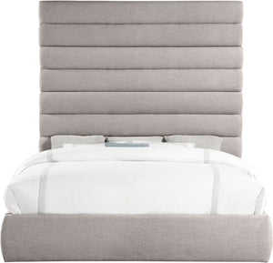 Meridian Furniture Adam Channel Tufted King Bed Taupe Linen Upholstery Tall Architectural Headboard B1255Taupe-K90