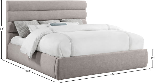 Meridian Furniture Adam Channel Tufted King Bed Taupe Linen Upholstery Platform Base No Box Spring B1255Taupe-K