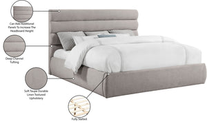Meridian Furniture Adam Channel Tufted King Bed Taupe Linen Upholstery Platform Base No Box Spring B1255Taupe-K