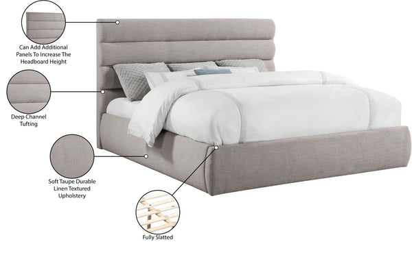 Meridian Furniture Adam Channel Tufted King Bed Taupe Linen Upholstery Platform Base No Box Spring B1255Taupe-K