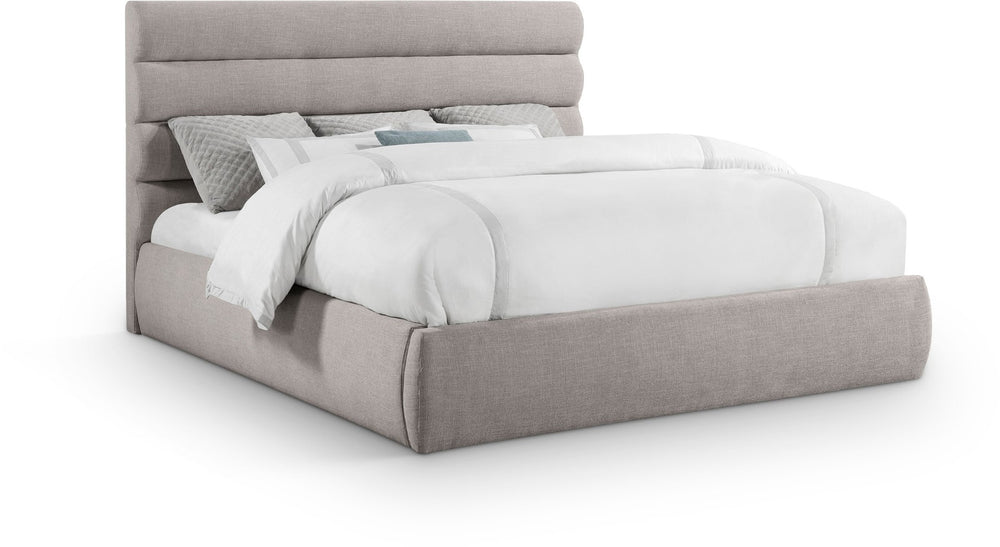 Meridian Furniture Adam Channel Tufted King Bed Taupe Linen Upholstery Platform Base No Box Spring B1255Taupe-K