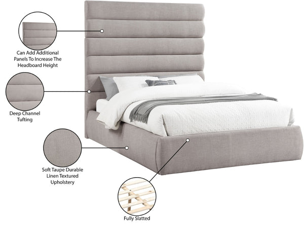 Meridian Furniture Adam Channel Tufted Linen Queen Bed with Modular Headboard for Elegant Bedrooms B1255Taupe-Q70