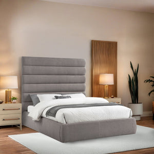 Meridian Furniture Adam Channel Tufted Linen Queen Bed with Modular Headboard for Elegant Bedrooms B1255Taupe-Q70