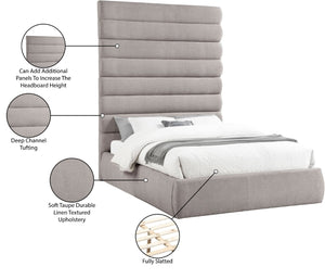 Meridian Furniture Adam Channel Tufted Queen Bed Modular Linen Upholstered Frame for Modern Bedrooms B1255Taupe-Q90
