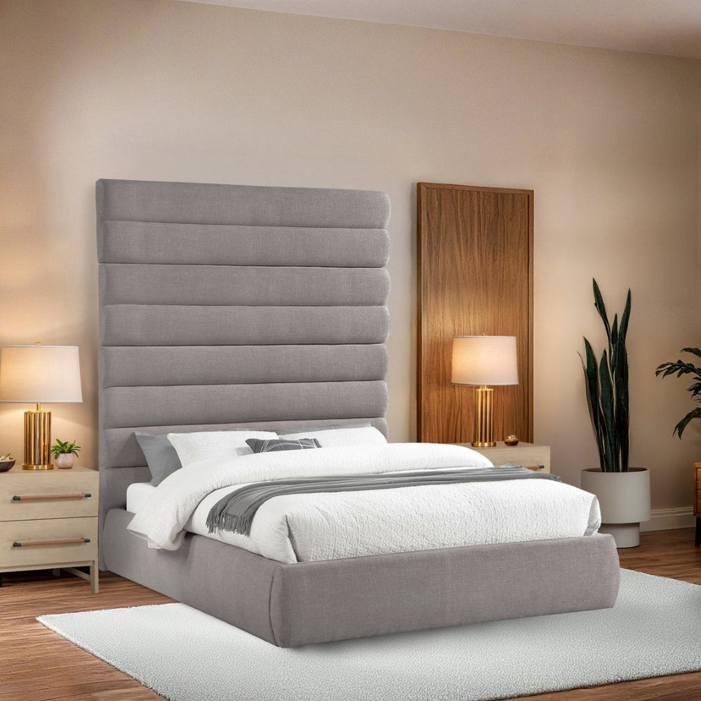 Meridian Furniture Adam Channel Tufted Queen Bed Modular Linen Upholstered Frame for Modern Bedrooms B1255Taupe-Q90