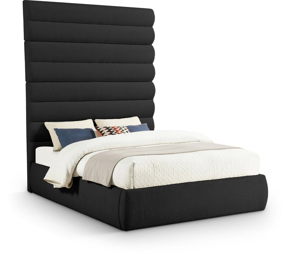 Meridian Furniture Adam Channel Tufted Boucle Queen Bed with Tall Headboard for Bold Bedrooms B1256Black-Q90