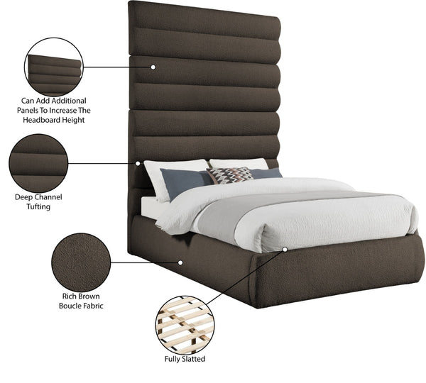 Meridian Furniture Adam Brown Boucle Queen Bed Tall Channel Tufted Headboard Platform Base B1256Brown-Q90