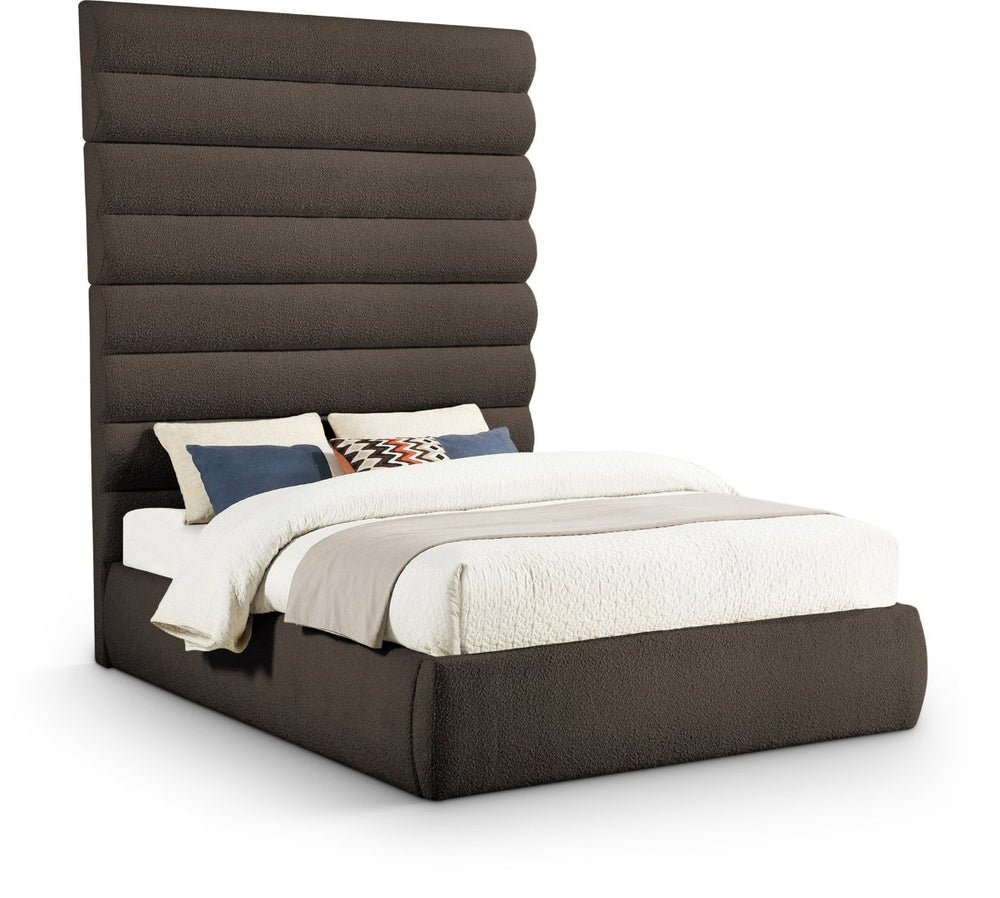 Meridian Furniture Adam Brown Boucle Queen Bed Tall Channel Tufted Headboard Platform Base B1256Brown-Q90