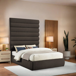 Meridian Furniture Adam Brown Boucle Queen Bed Tall Channel Tufted Headboard Platform Base B1256Brown-Q90