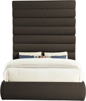 Meridian Furniture Adam Brown Boucle Queen Bed Tall Channel Tufted Headboard Platform Base B1256Brown-Q90