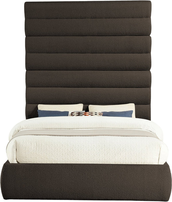 Meridian Furniture Adam Brown Boucle Queen Bed Tall Channel Tufted Headboard Platform Base B1256Brown-Q90
