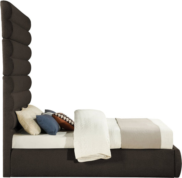 Meridian Furniture Adam Brown Boucle Queen Bed Tall Channel Tufted Headboard Platform Base B1256Brown-Q90