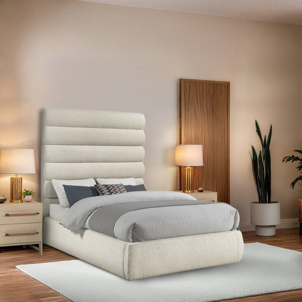 Meridian Furniture Adam Boucle Upholstered Full Bed with Channel Tufted Headboard for Modern Rooms B1256Cream-F70