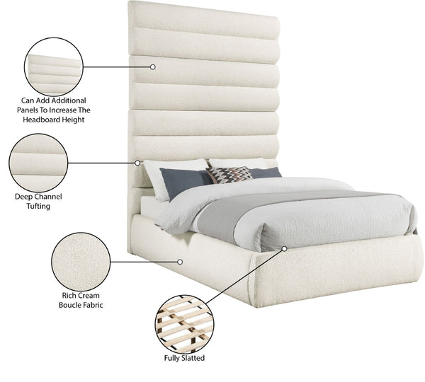 Meridian Furniture Adam Channel Tufted Boucle Full Bed with Tall Sculptural Headboard for Modern Rooms B1256Cream-F90