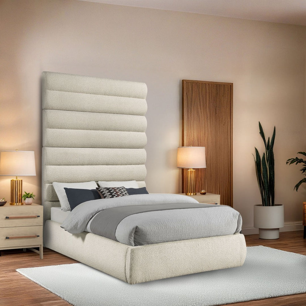 Meridian Furniture Adam Channel Tufted Boucle Full Bed with Tall Sculptural Headboard for Modern Rooms B1256Cream-F90