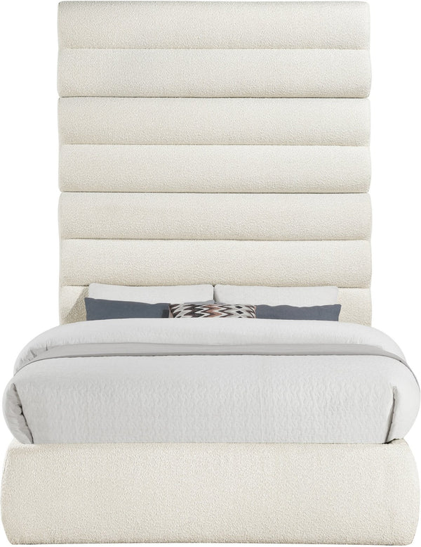 Meridian Furniture Adam Channel Tufted Boucle Full Bed with Tall Sculptural Headboard for Modern Rooms B1256Cream-F90