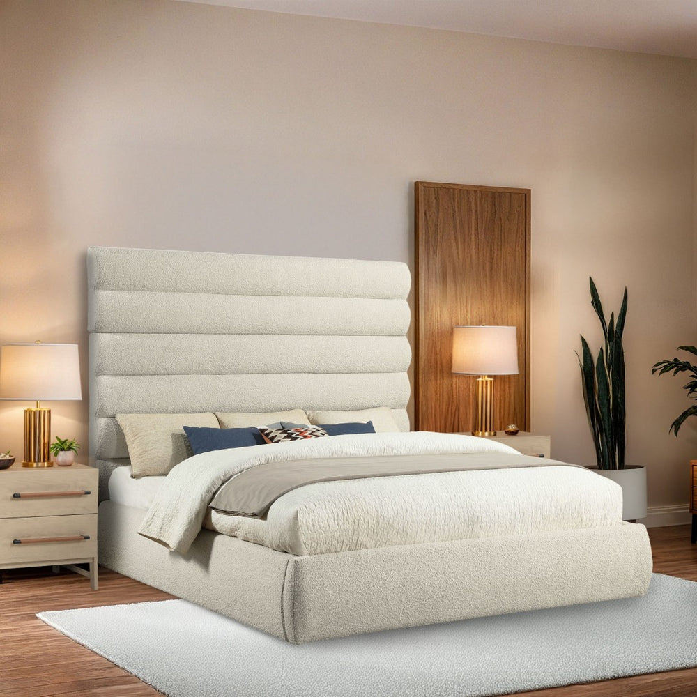 Meridian Furniture Adam Channel Tufted Boucle King Bed with Tall Modular Headboard for Master Bedrooms B1256Cream-K70