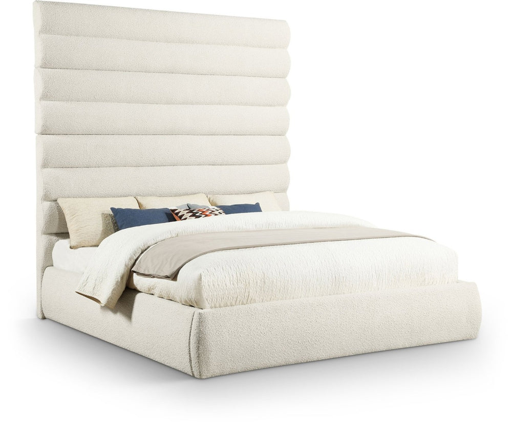 Meridian Furniture Adam Channel Tufted Boucle King Bed with Tall Sculptural Headboard for Glam Bedrooms B1256Cream-K90