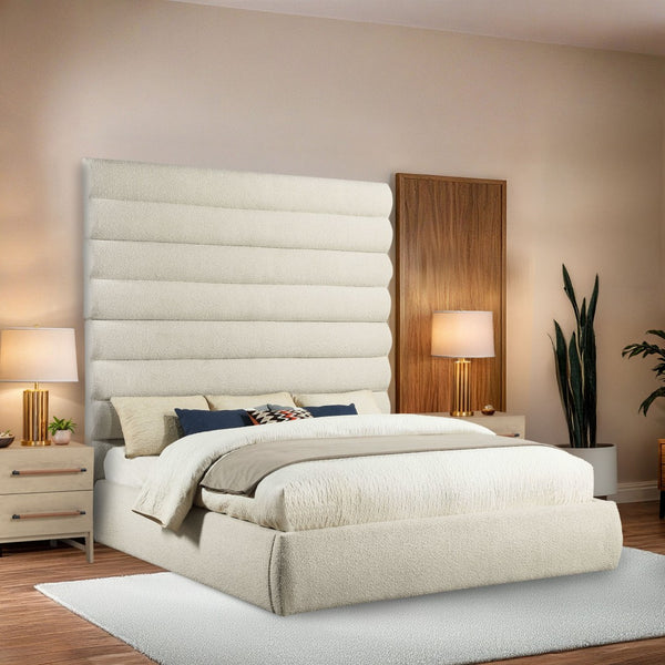 Meridian Furniture Adam Channel Tufted Boucle King Bed with Tall Sculptural Headboard for Glam Bedrooms B1256Cream-K90