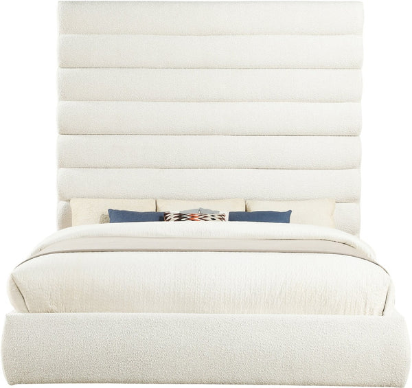 Meridian Furniture Adam Channel Tufted Boucle King Bed with Tall Sculptural Headboard for Glam Bedrooms B1256Cream-K90