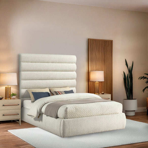 Meridian Furniture Adam Boucle Upholstered Queen Bed with Channel Tufted Headboard for Modern Bedroom B1256Cream-Q70