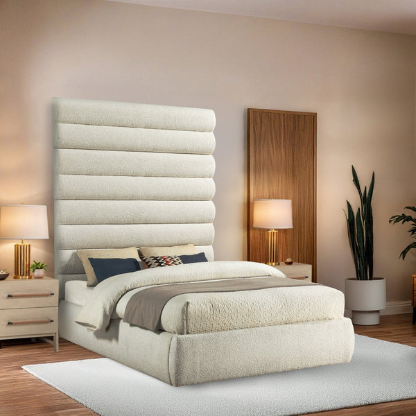 Meridian Furniture Adam Boucle Upholstered Queen Bed with Channel Tufted Tall Headboard Panel B1256Cream-Q90