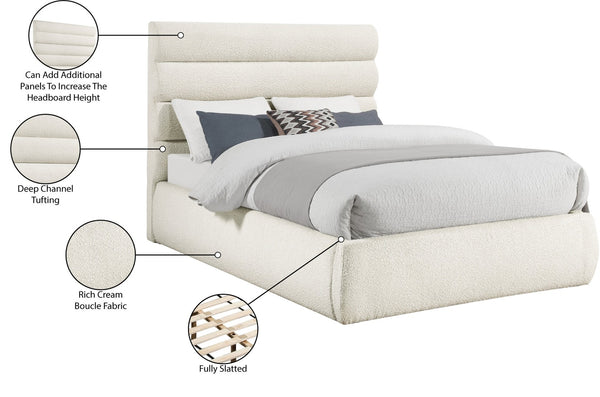 Meridian Furniture Adam Channel Tufted Boucle Queen Bed with Tall Headboard for Modern Bedrooms B1256Cream-Q