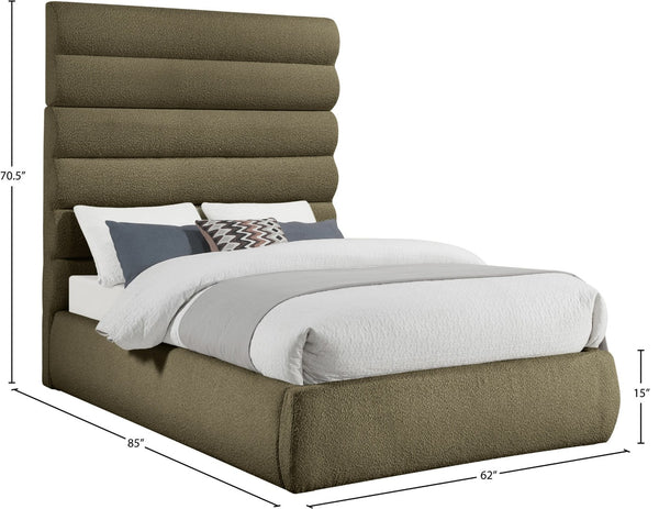 Meridian Furniture Adam Channel Tufted Olive Boucle Full Bed with Tall Sculptural Headboard B1256Olive-F70