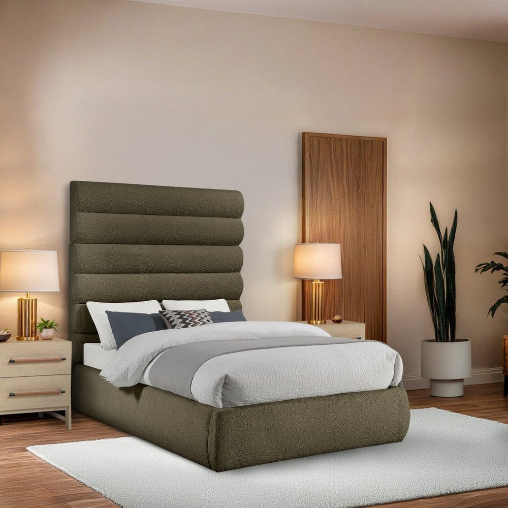 Meridian Furniture Adam Channel Tufted Olive Boucle Full Bed with Tall Sculptural Headboard B1256Olive-F70