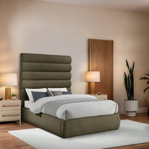 Meridian Furniture Adam Channel Tufted Olive Boucle Full Bed with Tall Sculptural Headboard B1256Olive-F70