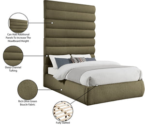 Meridian Furniture Adam Channel Tufted Boucle Full Bed with Sculptural Headboard for Modern Bedrooms B1256Olive-F90