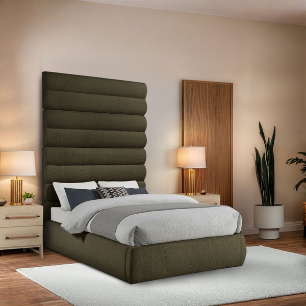 Meridian Furniture Adam Channel Tufted Boucle Full Bed with Sculptural Headboard for Modern Bedrooms B1256Olive-F90