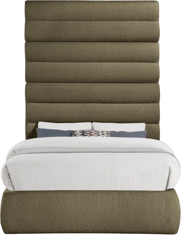 Meridian Furniture Adam Channel Tufted Boucle Full Bed with Sculptural Headboard for Modern Bedrooms B1256Olive-F90