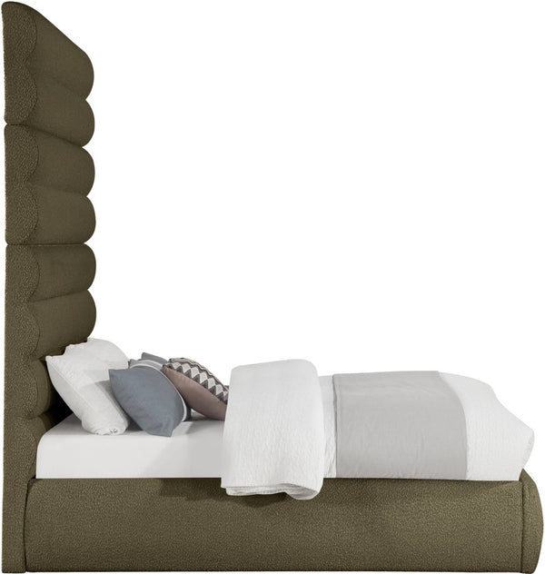 Meridian Furniture Adam Channel Tufted Boucle Full Bed with Sculptural Headboard for Modern Bedrooms B1256Olive-F90
