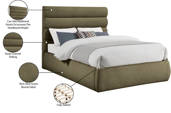 Meridian Furniture Adam Channel Tufted Full Bed Sculptural Boucle Headboard for Modern Bedroom B1256Olive-F