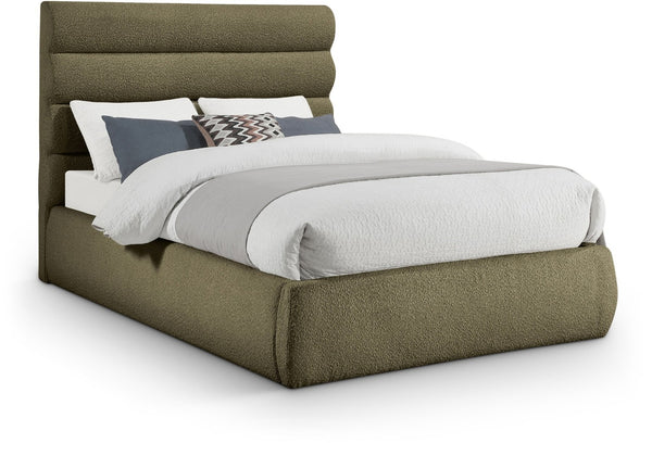 Meridian Furniture Adam Channel Tufted Full Bed Sculptural Boucle Headboard for Modern Bedroom B1256Olive-F