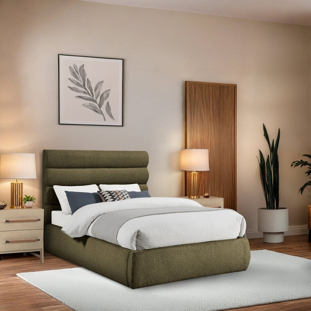 Meridian Furniture Adam Channel Tufted Full Bed Sculptural Boucle Headboard for Modern Bedroom B1256Olive-F