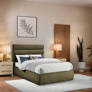Meridian Furniture Adam Channel Tufted Full Bed Sculptural Boucle Headboard for Modern Bedroom B1256Olive-F