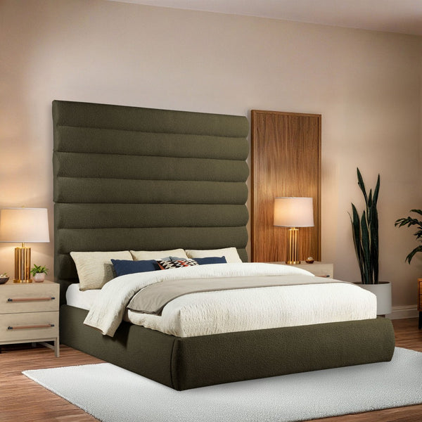 Meridian Furniture Adam Channel Tufted Boucle King Bed with Tall Sculptural Headboard for Modern Bedroom B1256Olive-K90