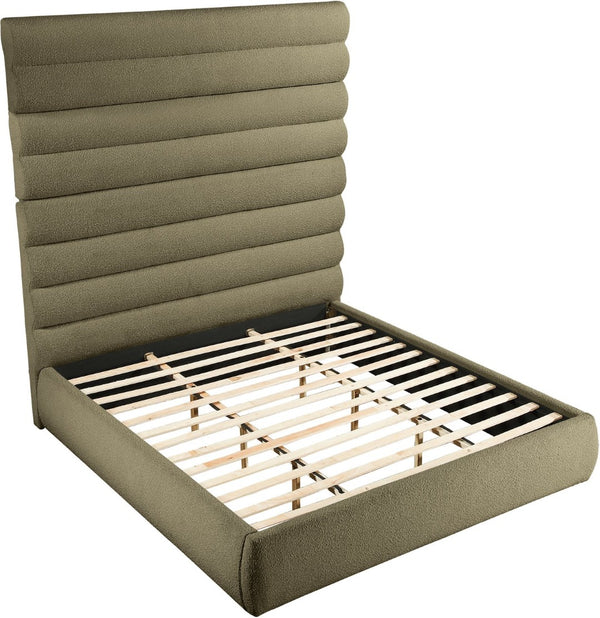 Meridian Furniture Adam Channel Tufted Boucle King Bed with Tall Sculptural Headboard for Modern Bedroom B1256Olive-K90