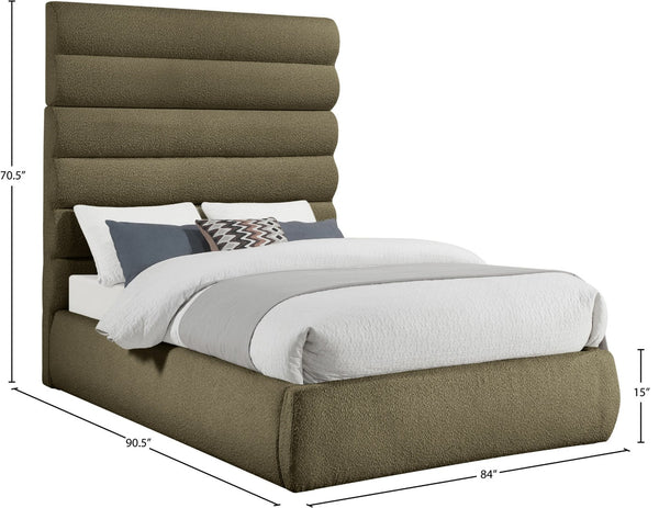 Meridian Furniture Adam Channel Tufted Boucle Queen Bed Sculptural Headboard for Modern Bedroom B1256Olive-Q70